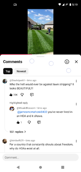 YouTube-Kommentare zu einem Video über Lawn Stripping in der Nähe einer HOA. Top-Kommentar: 'Who the hell would ever be against lawn stripping? It looks BEAUTIFUL!!!' mit 20K Likes. Antwort: 'you've never lived in an HOA and it shows.' Ein weiterer: 'For a country that constantly shouts about freedom, why do HOAs exist at all.'