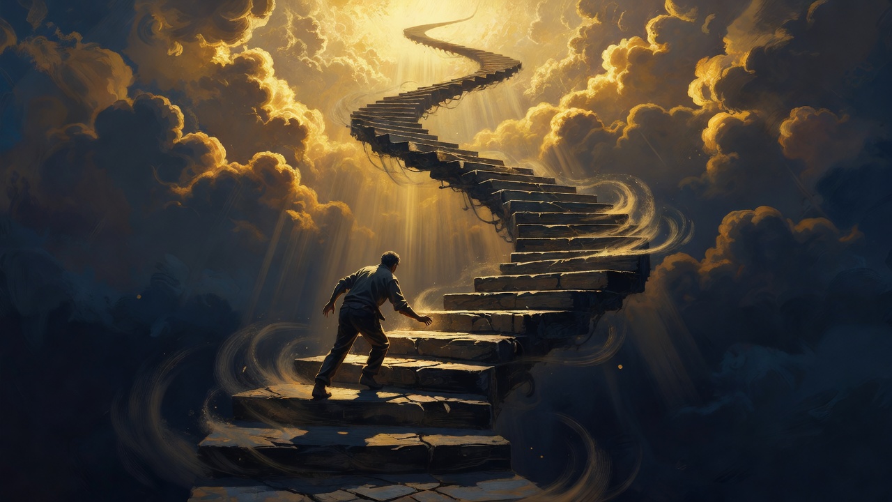 Eine einsame Figur, die eine Wendeltreppe erklimmt, die sich immer weiter in goldene Wolken hinauf baut