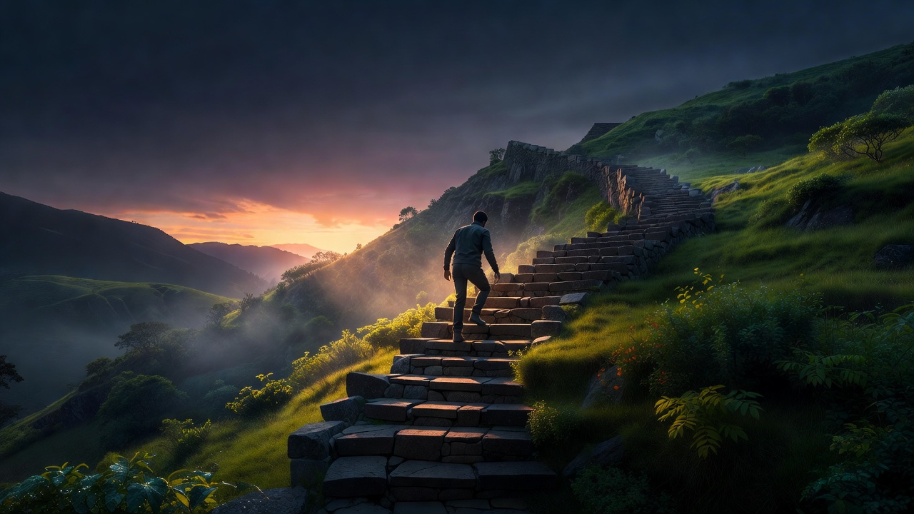 Eine einzelne Person, die im Morgengrauen eine lange, in einen grünen Hang gehauene Steintreppe erklimmt