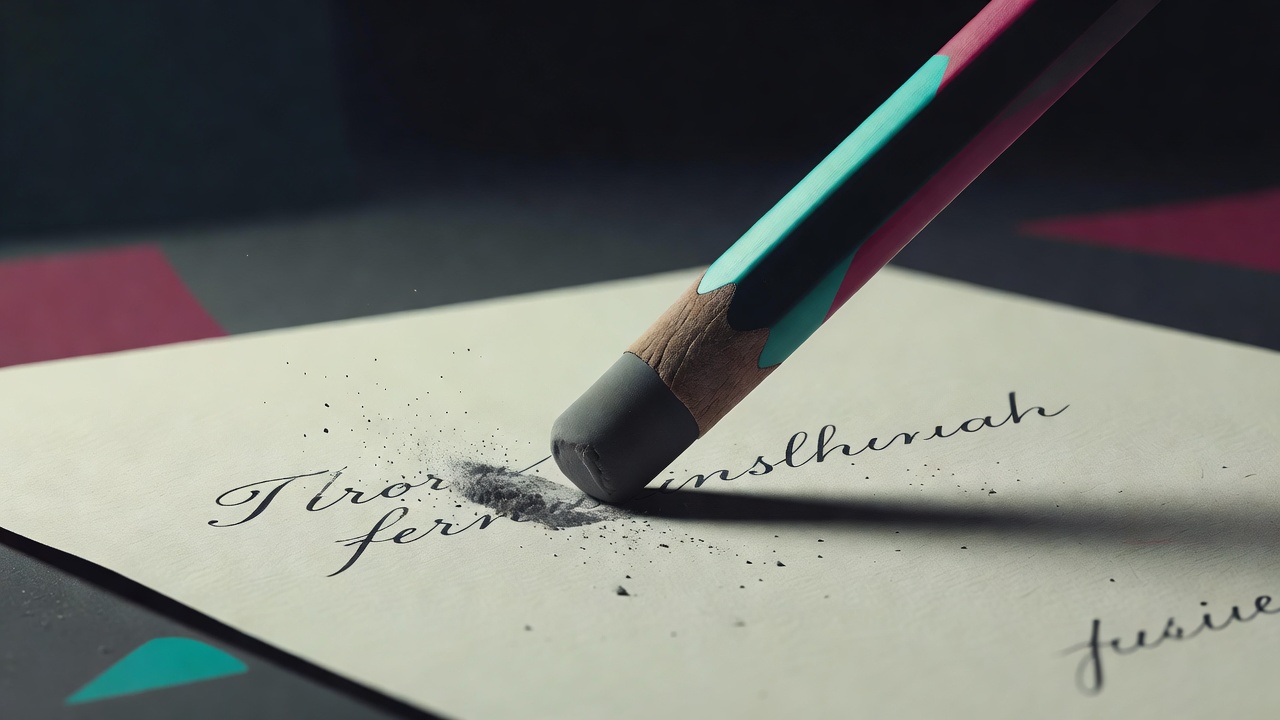 Ein Bleistift mit großem Radiergummi mitten im Wegradieren auf einer Seite mit Handschrift