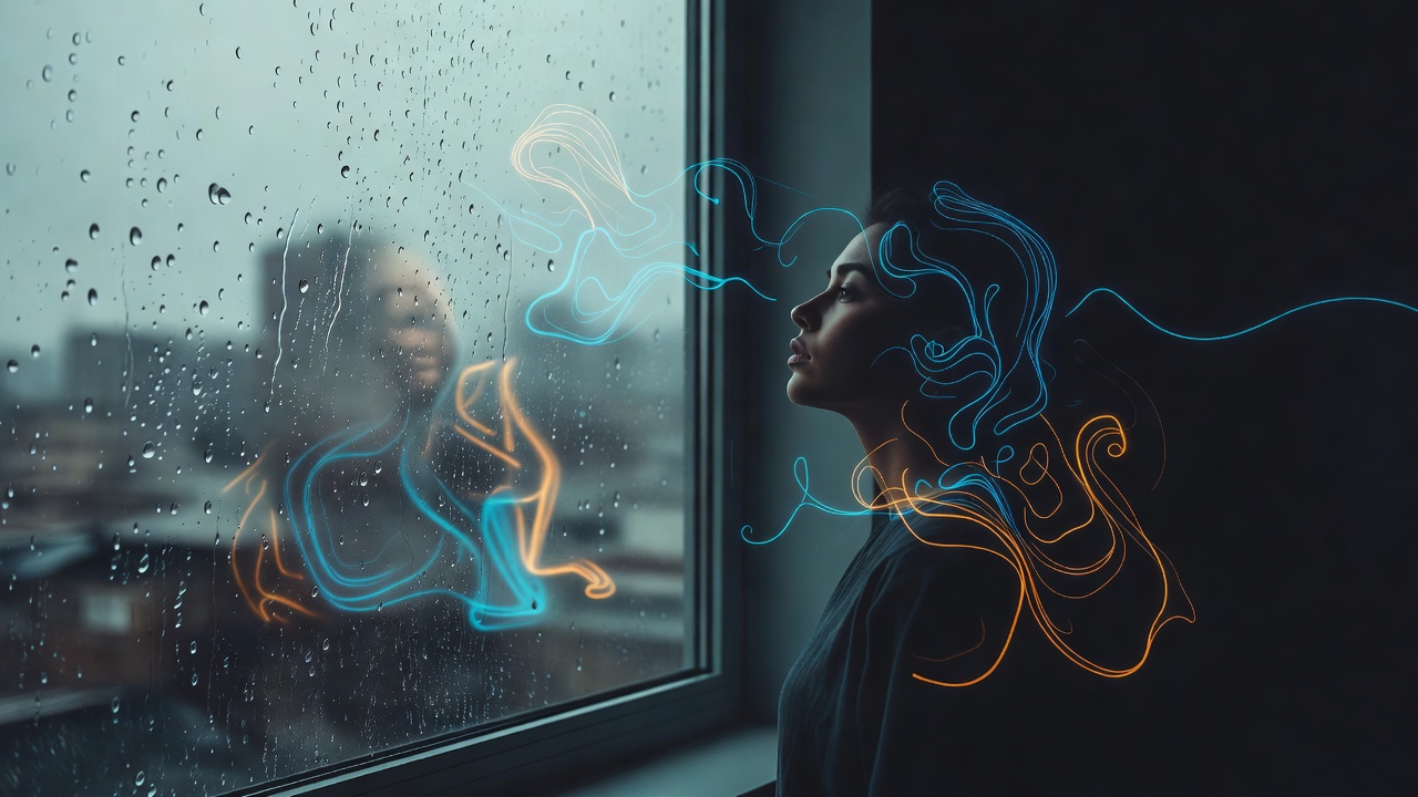Eine Person, die aus einem regenverschmierten Fenster blickt, während sich in der Spiegelung schwach gezeichnete Formen bilden