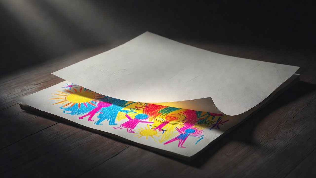 Die Zeichnung eines Kindes, halb verborgen unter einem leeren Blatt Papier