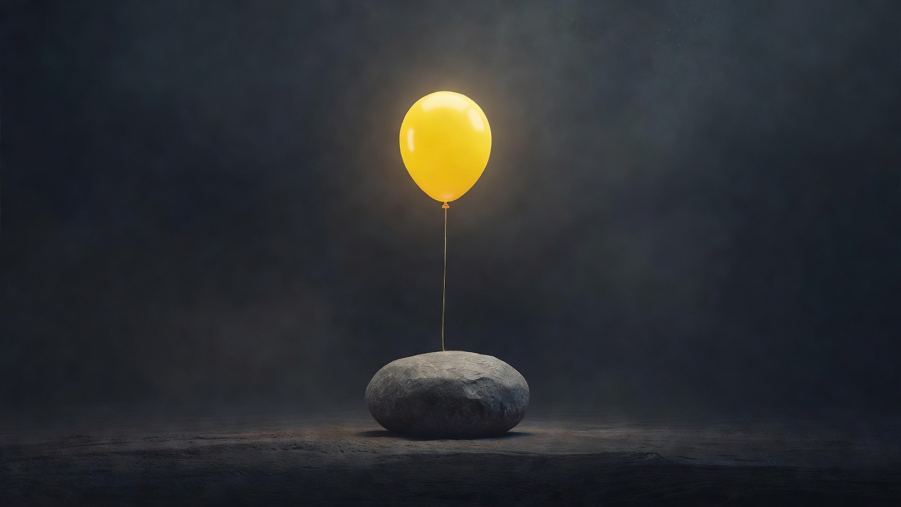 Ein leuchtend gelber Luftballon, der an einen schweren grauen Stein gebunden ist