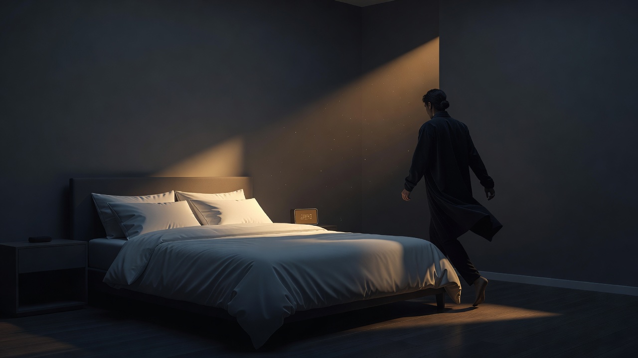 Ein Wecker im Morgengrauen und ein gemachtes Bett, jemand schon auf und in Bewegung im sanften Licht