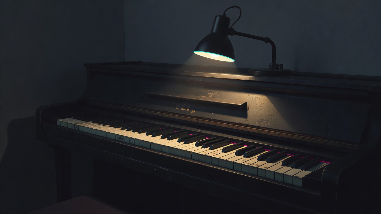 Eine einzelne abgenutzte Klaviertastatur, spät in der Nacht in einem dunklen Raum von einer gezielten Lampe beleuchtet