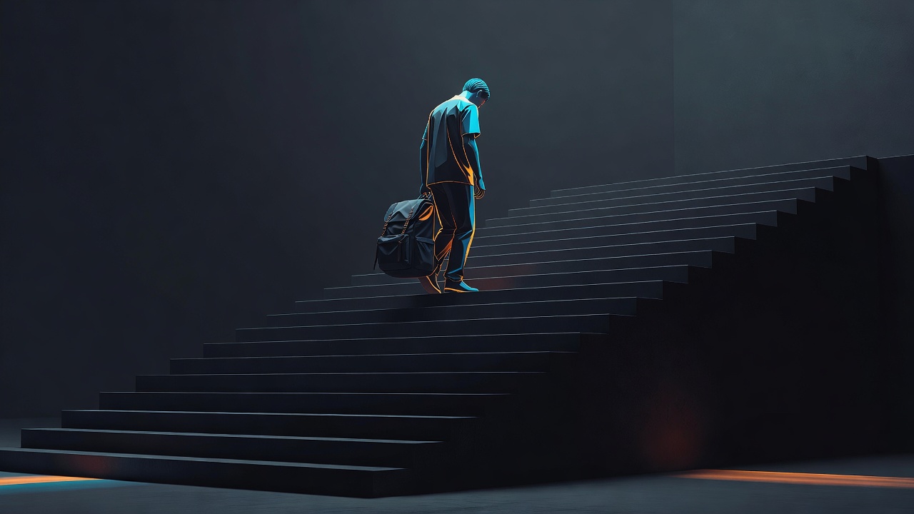 Eine Person setzt oben an einer Treppe einen schweren Rucksack ab, die Schultern entspannen sich