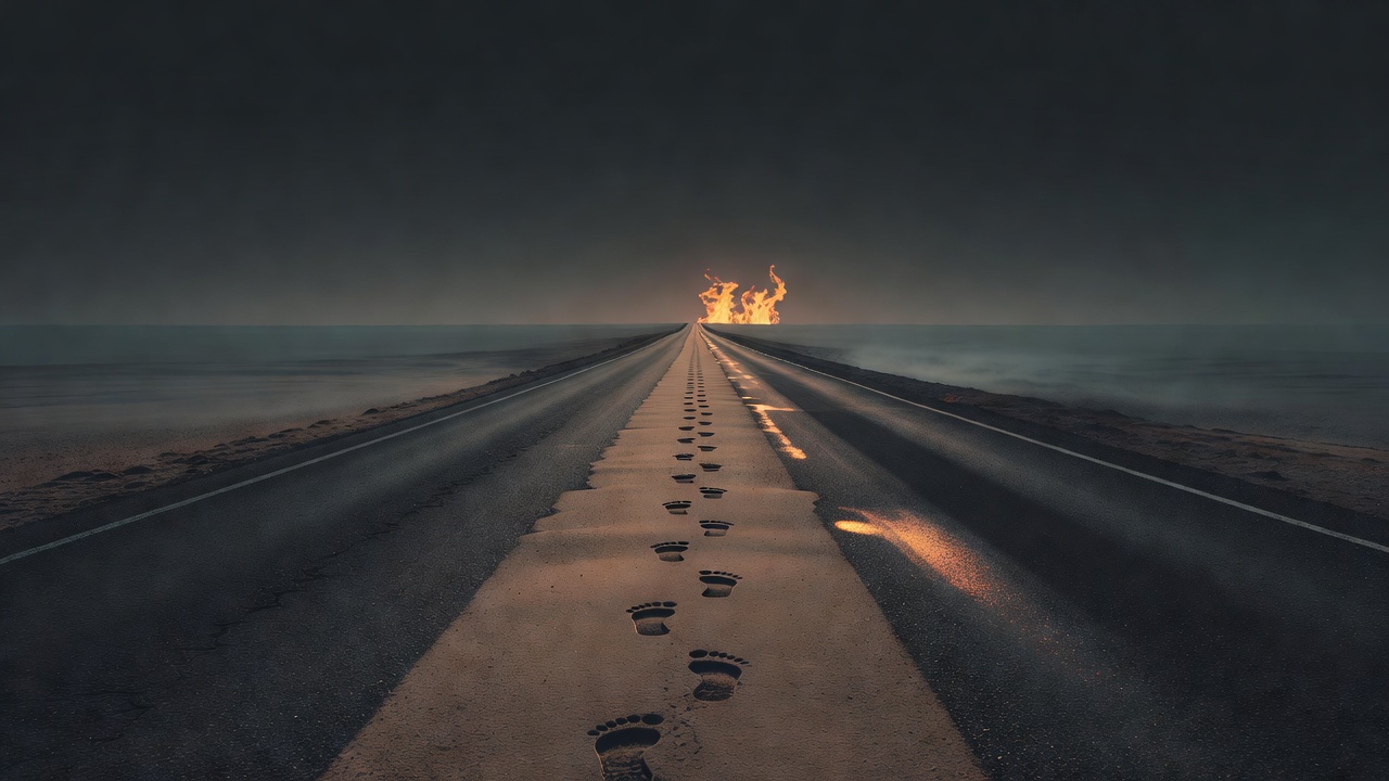 Eine einzelne lange, gerade Straße, die sich im Morgengrauen bis zu einem fernen Horizont erstreckt, mit frischen Fußspuren, die weiterführen