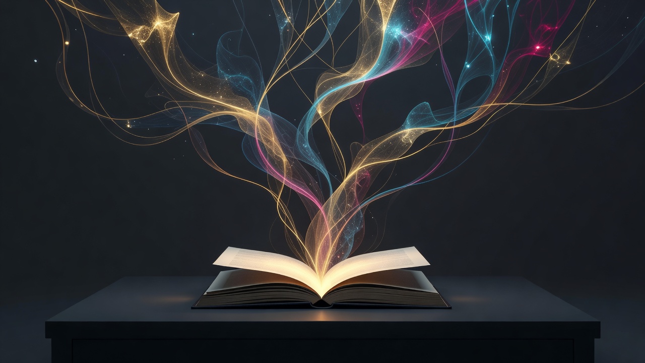 Ein aufgeschlagenes Geschichtenbuch, aus dessen Seite schwache Lichtfäden zu sich verzweigenden Ideen aufsteigen