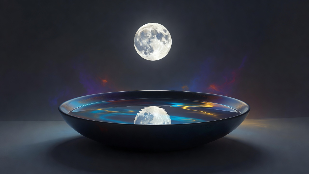 Ein Vollmond, gespiegelt in einer stillen Schale mit Wasser
