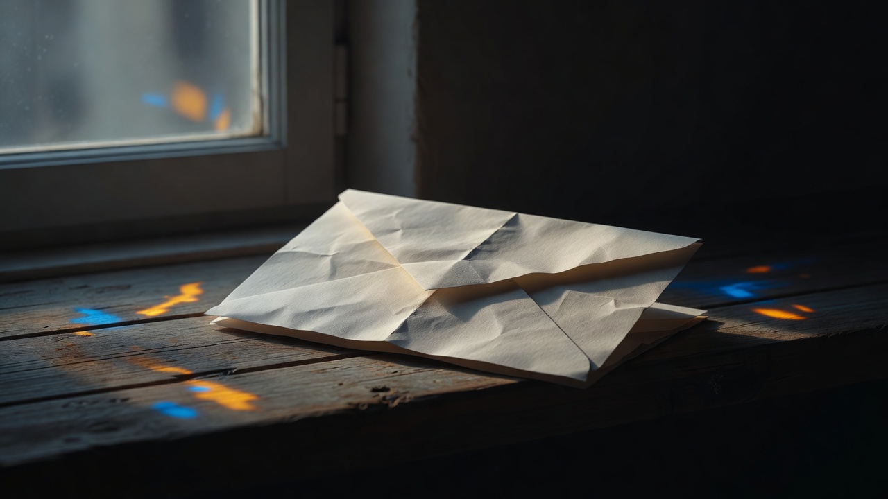 Ein handgeschriebener Brief, zusammengefaltet auf einem Fensterbrett, Morgenlicht über der Seite