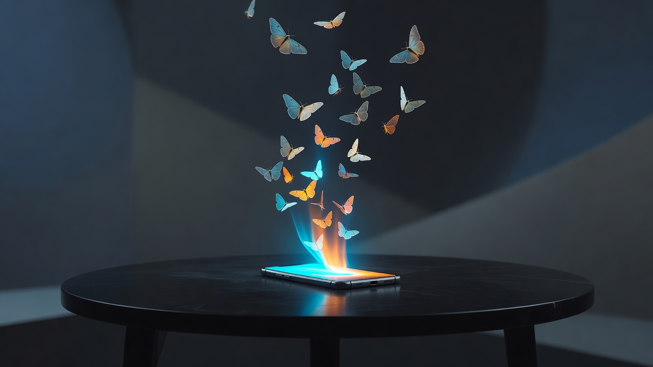 Ein einzelnes leuchtendes Smartphone liegt mit dem Display nach oben auf einem dunklen Tisch und wirft Licht nach oben
