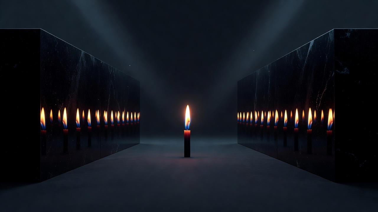 Eine einzelne Kerzenflamme, die sich endlos zwischen zwei einander gegenüberstehenden Spiegeln spiegelt