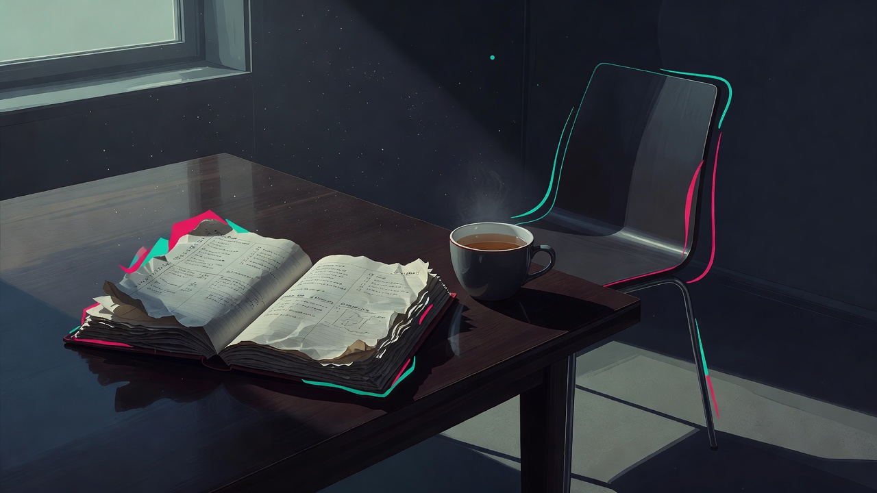 Ein übervoller Planer, aufgeschlagen auf einem Tisch neben einer kalt werdenden Tasse Tee, ein zurückgeschobener Stuhl