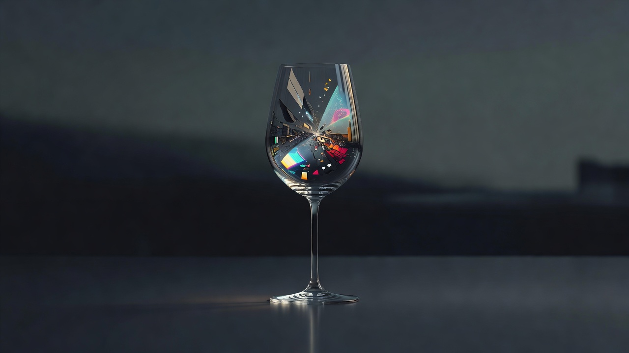 Ein einzelnes Weinglas, in dem die Spiegelung nicht zum Glas passt
