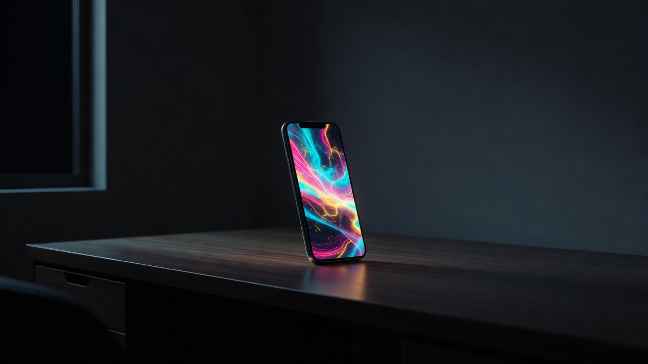 Ein leuchtendes Smartphone auf einem Schreibtisch in einem schwach beleuchteten Raum bei Nacht