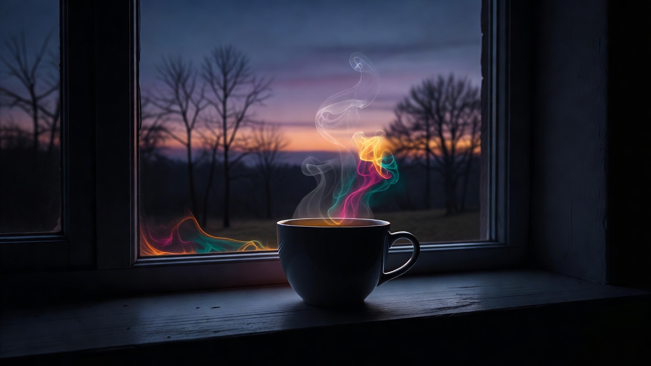 Eine einzelne Tasse Tee auf einer Fensterbank mit ruhigem Blick auf kahle Bäume in der Dämmerung