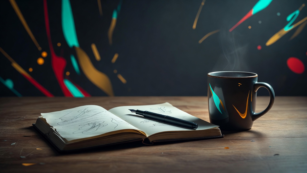 Ein viel benutztes Notizbuch, aufgeschlagen auf einem Schreibtisch, ein Stift mitten auf der Seite ruhend, eine Morgenroutine angedeutet