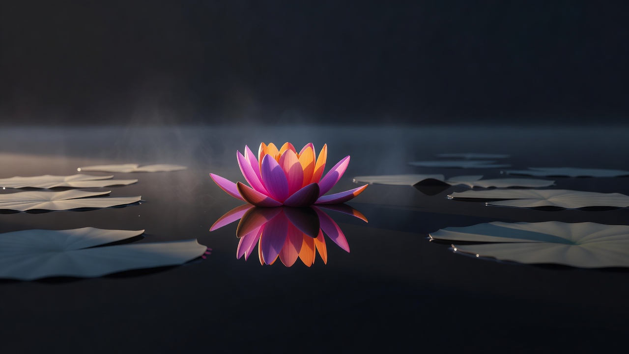 Eine Seerose öffnet sich auf einem stillen Teich im warmen Morgenlicht