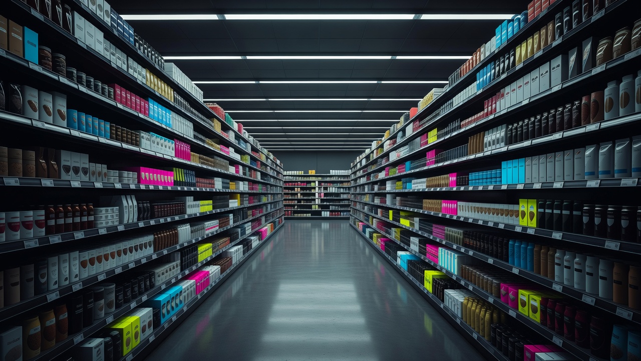 Ein langer Supermarktgang, der sich in die Ferne erstreckt, gesäumt von identischen Produkten