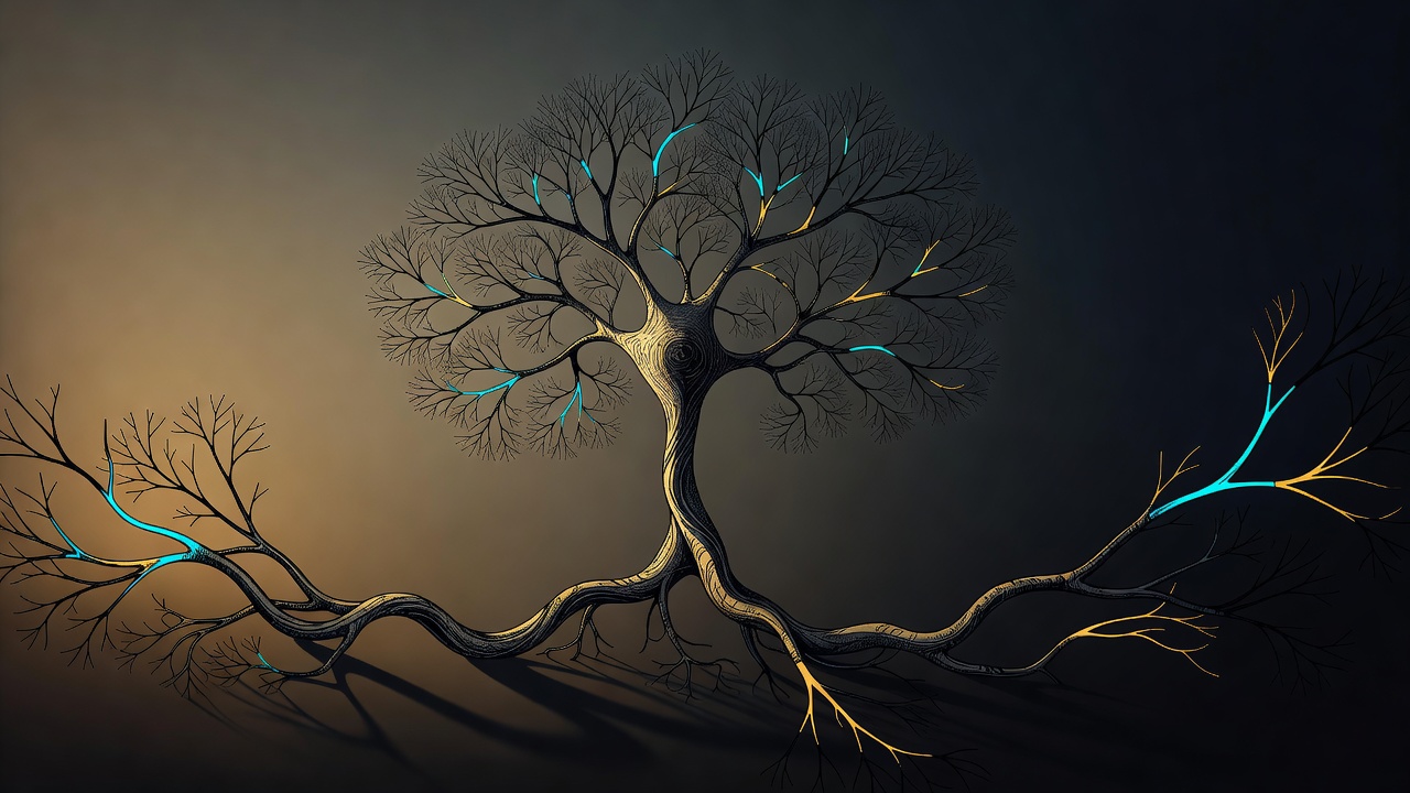 Eine elegante Tuschezeichnung eines sich verzweigenden Neurons wie ein Baum