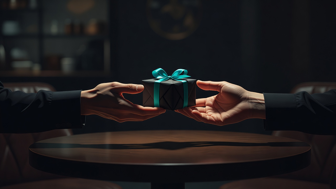 Zwei offene Hände reichen ein kleines eingewickeltes Geschenk über einen Café-Tisch
