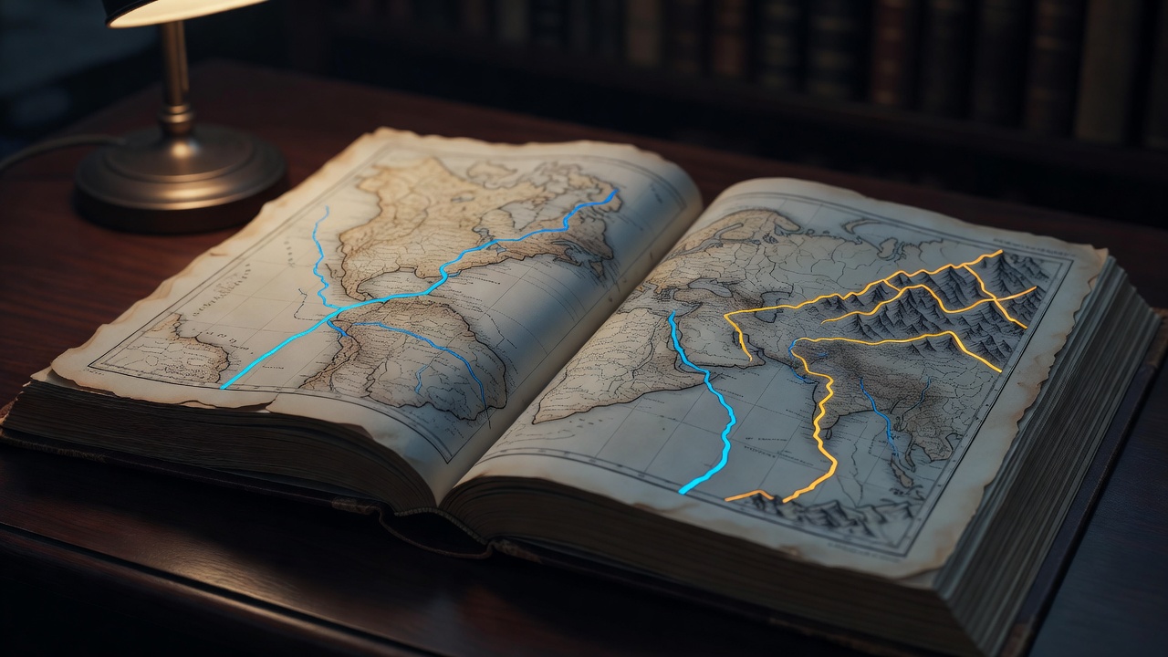 Ein aufgeschlagener antiker Atlas mit fein von Hand gezeichneten Karten in warmem Bibliothekslicht