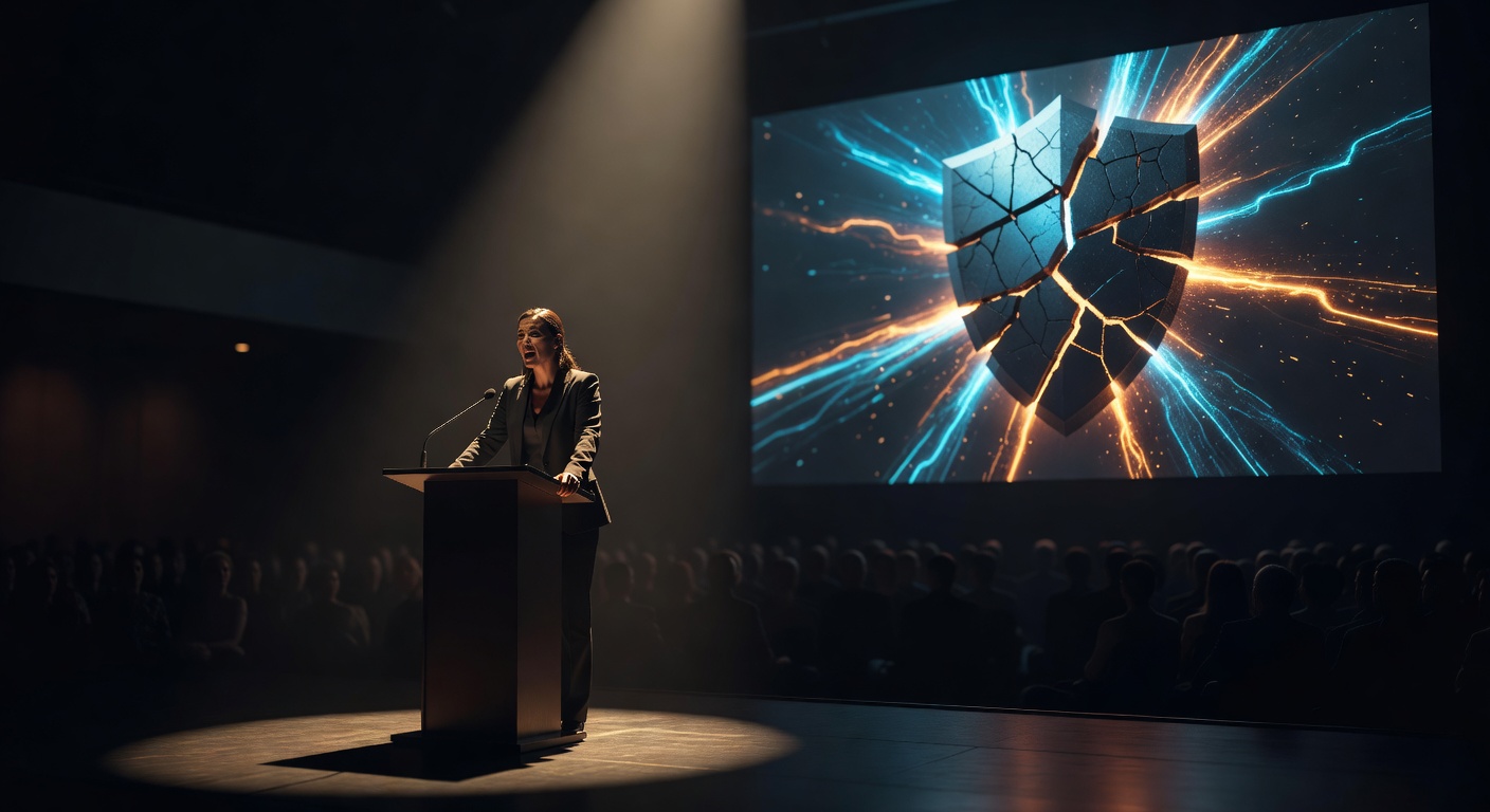 Eine einsame Figur steht an einem Rednerpult unter einem einzelnen Scheinwerfer in einem riesigen dunklen Auditorium