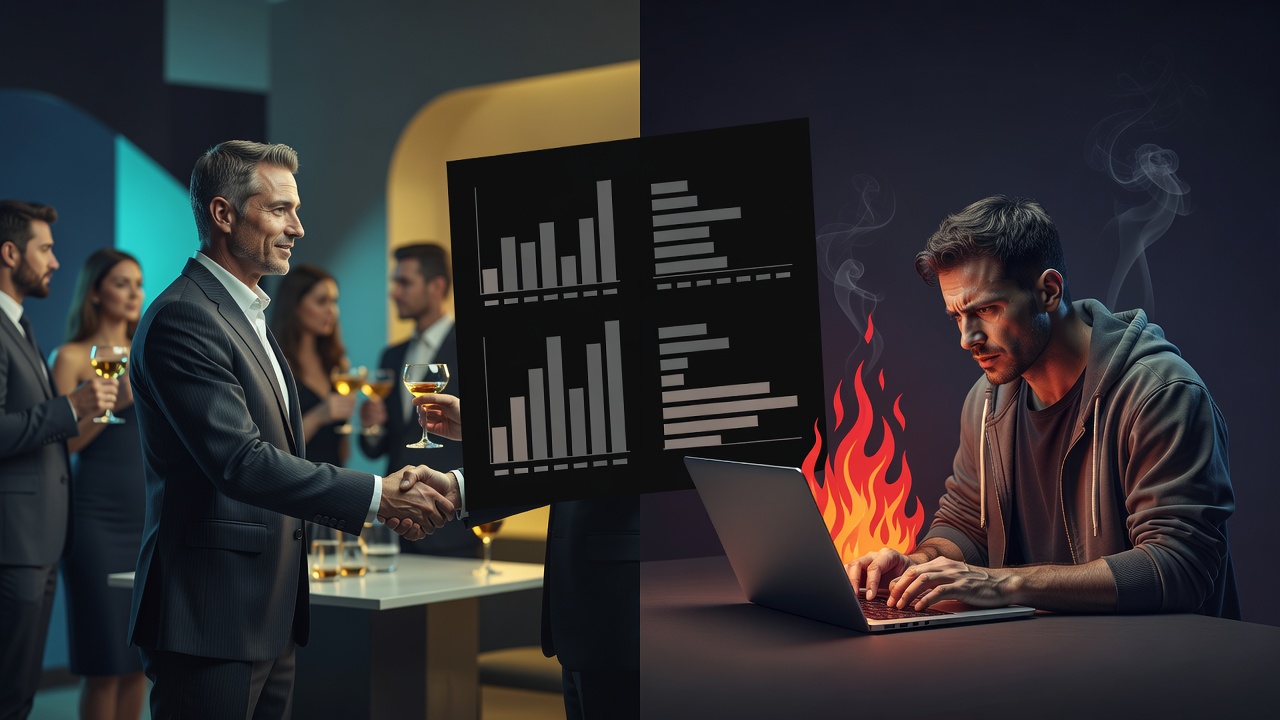 Ein Gründer schüttelt Hände auf einer Veranstaltung, der andere sitzt allein am Laptop und löscht ein Feuer, dazwischen eine schiefe Punktetafel