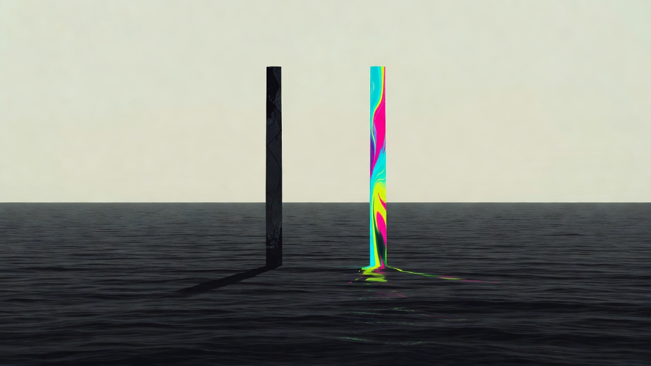 Eine Horizontlinie zwischen dunklem Wasser und blassem Himmel