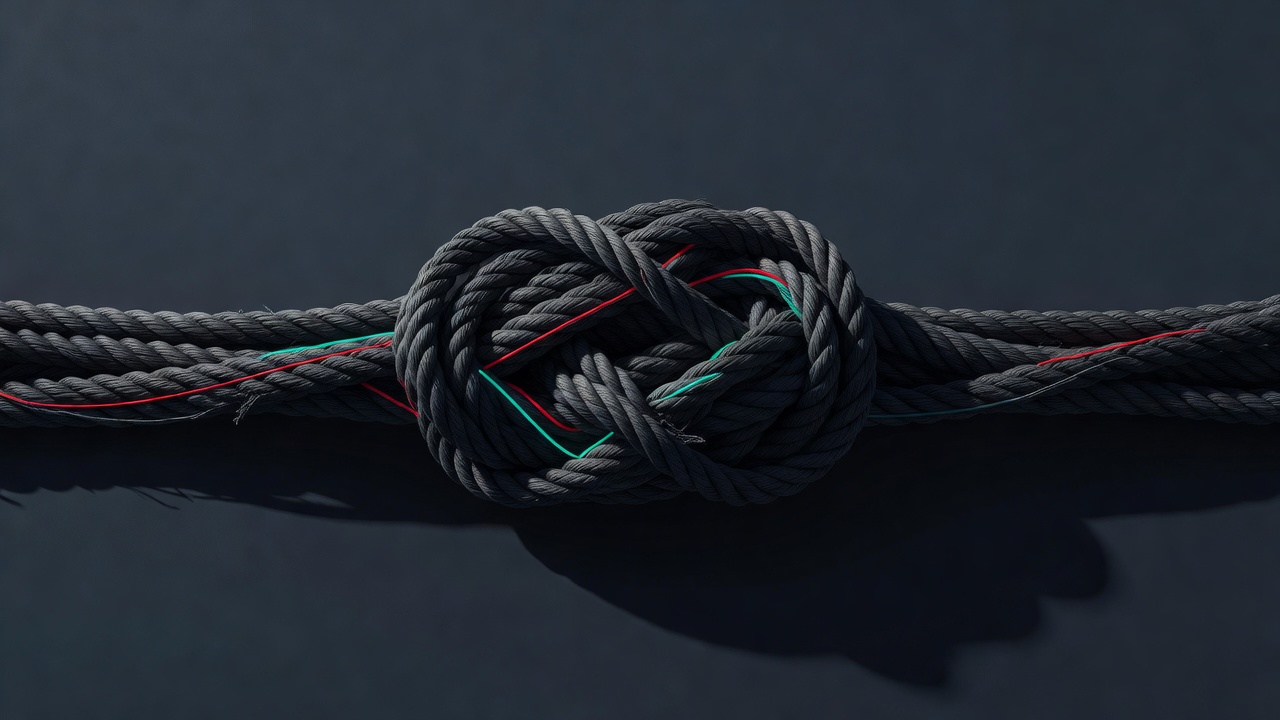 Ein einzelner verhedderter Knoten aus Seil, durch den ein andersfarbiger Faden verläuft
