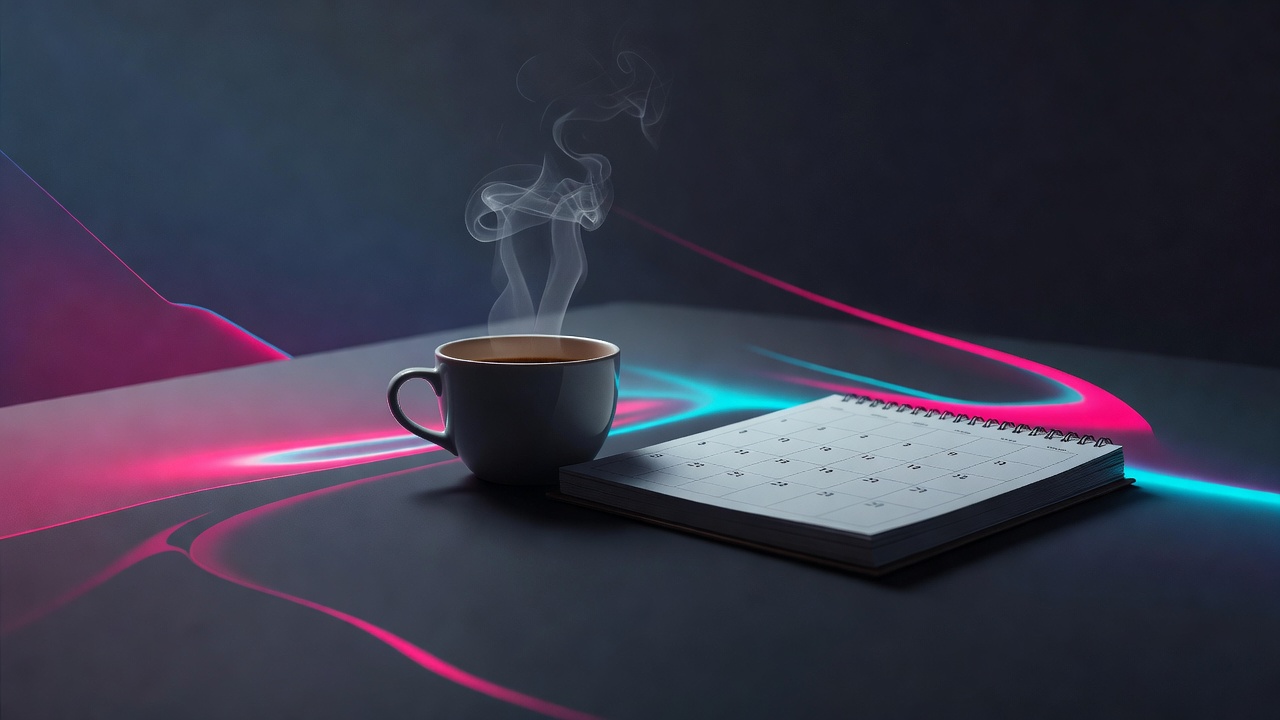 Eine stille Tasse Kaffee, die neben einem ungeöffneten Kalender dampft