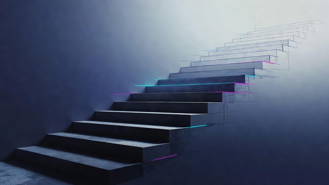 Eine in der Luft gezeichnete Treppe, deren oberste Stufen noch skizziert werden, kühle hoffnungsvolle Farbpalette