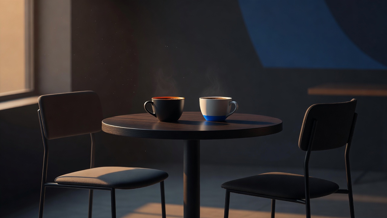 Zwei Kaffeetassen auf einem kleinen Cafétisch mit zwei leeren, einander zugewandten Stühlen im warmen Nachmittagslicht