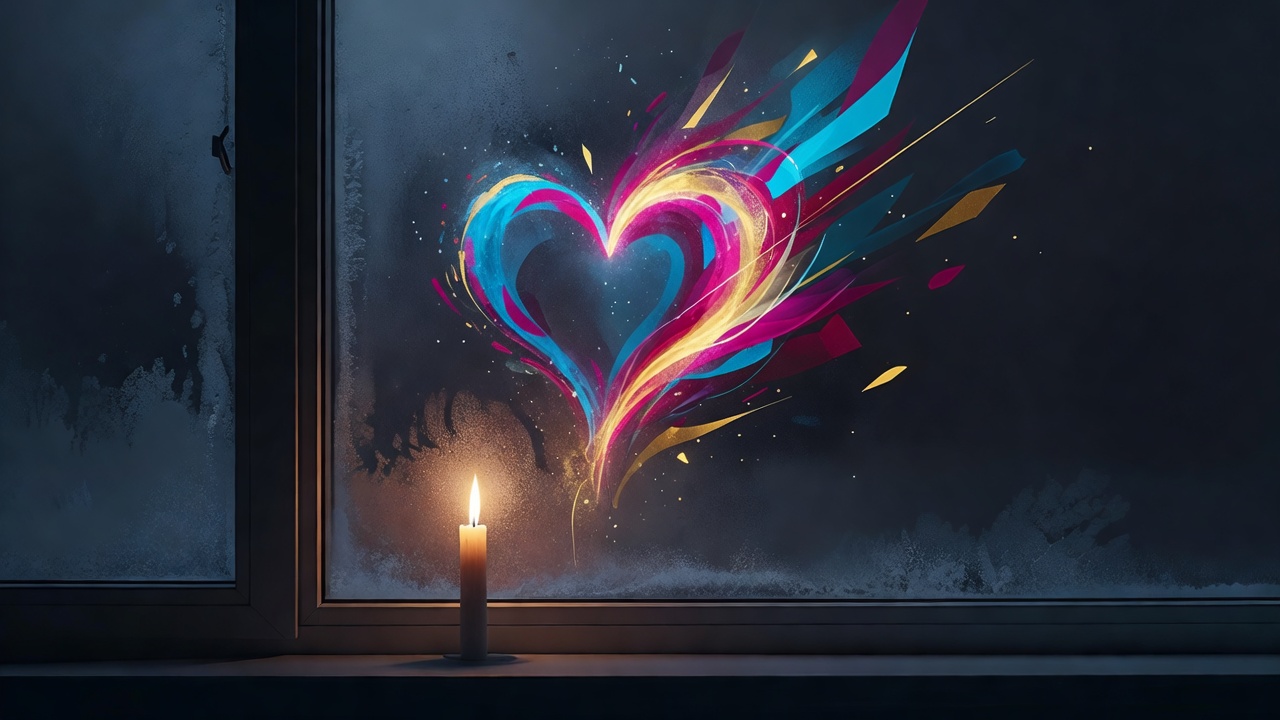 Eine einzelne brennende Kerze in einem bereiften Fenster bei Nacht
