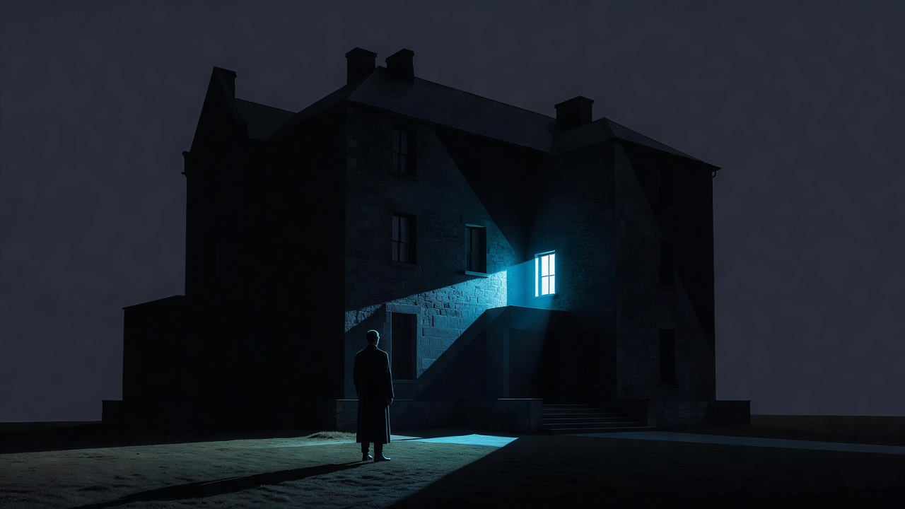 Ein kleines erleuchtetes Fenster in einem großen dunklen Herrenhaus bei Nacht