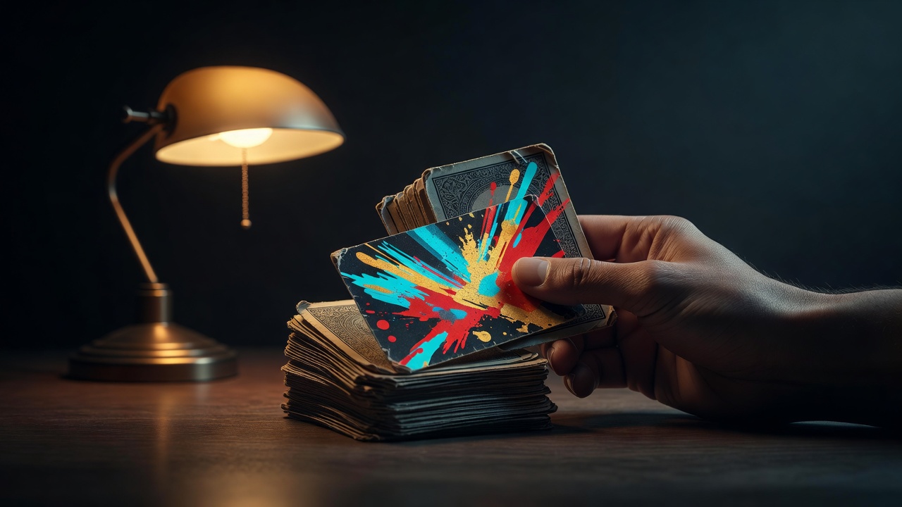 Ein abgenutztes Kartenspiel, gehalten in einer ruhigen Hand, eine Karte aufgedeckt