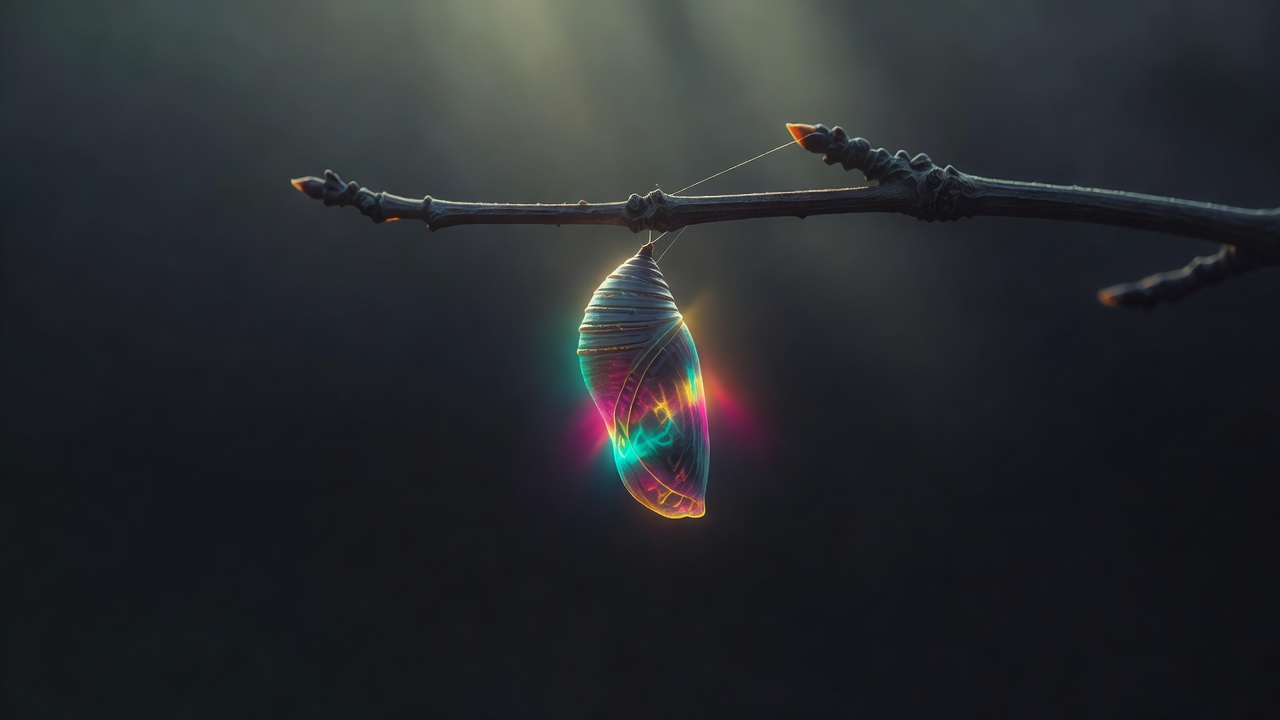 Ein Kokon an einem kahlen Ast, von sanftem Morgenlicht hinterleuchtet, Verwandlung angedeutet