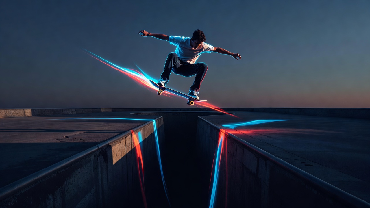 Ein Skateboarder in der Luft über einer Lücke, dem Trick verpflichtet, ohne Gewissheit der Landung