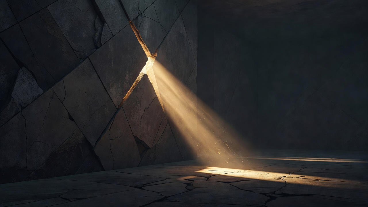 Ein Lichtstrahl, der durch eine rissige Wand in einen düsteren Raum bricht