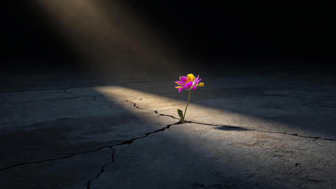 Eine einzelne Wildblume, die durch einen Riss im grauen Pflaster wächst und das Licht einfängt