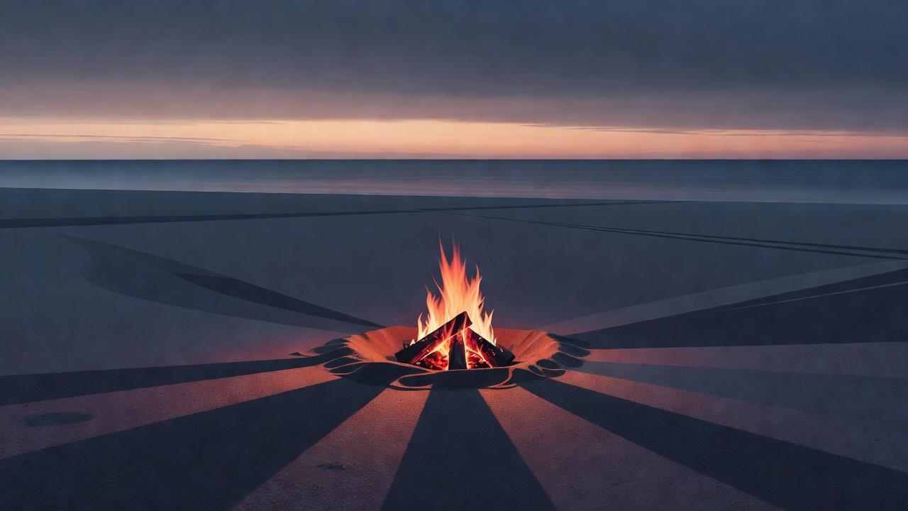 Ein kleines Lagerfeuer, das bei Tagesanbruch an einem leeren Strand glüht