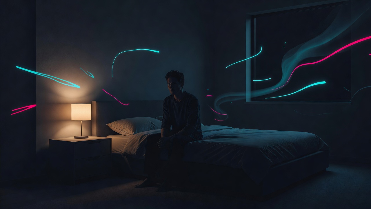Eine einzelne Lampe leuchtet in einem dunklen Schlafzimmer, jemand wach mit seinen Gedanken kurz vor Mitternacht