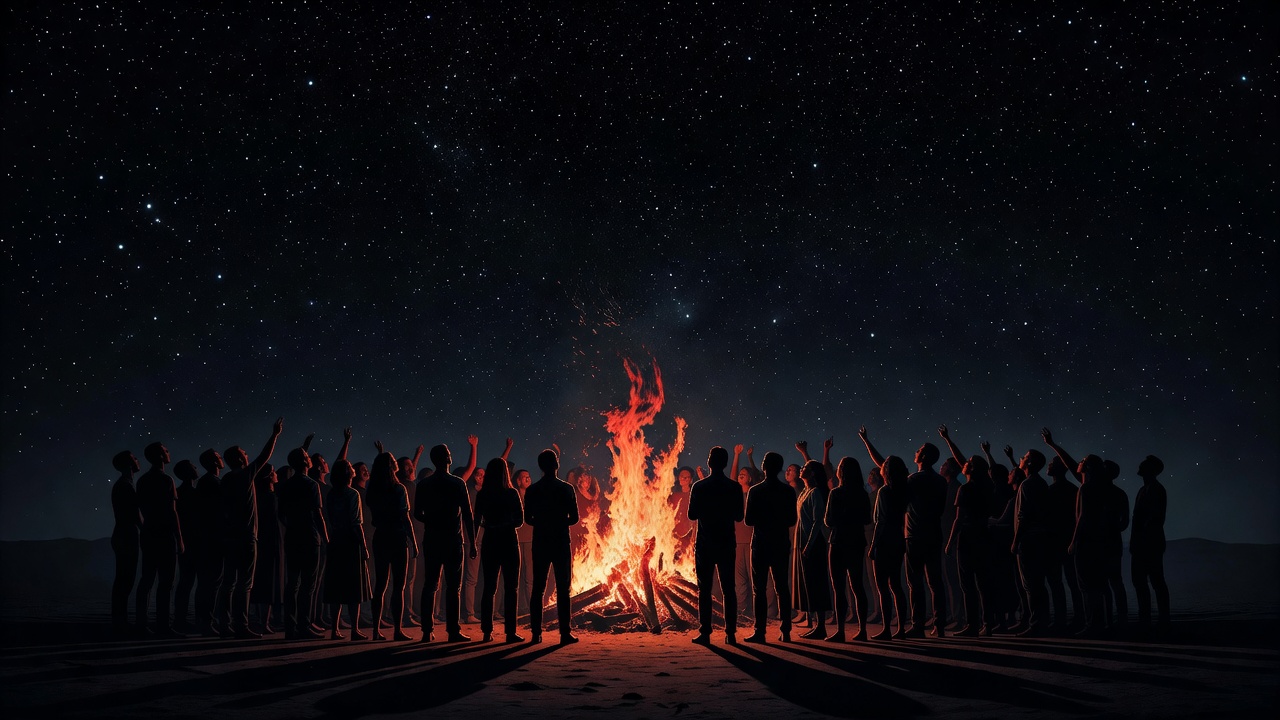 Eine Menge von Silhouetten singt gemeinsam um ein Feuer unter den Sternen