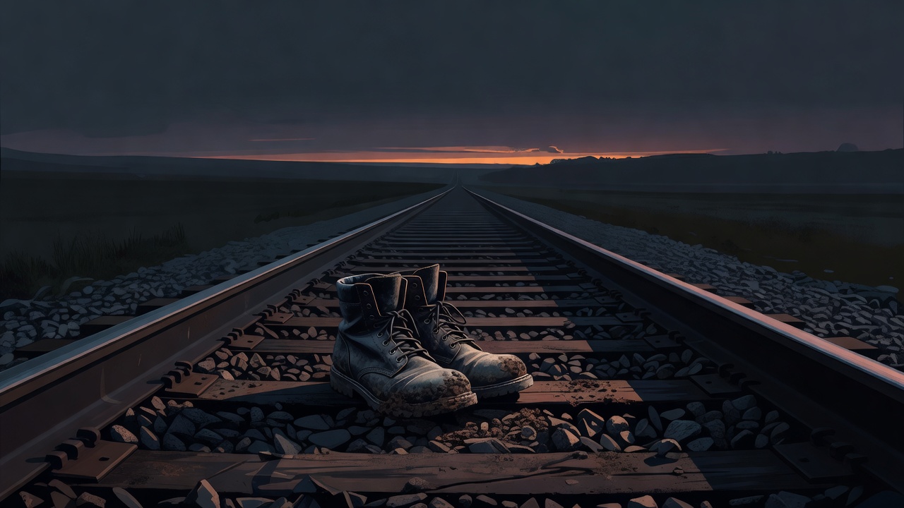Ein leeres Paar abgetragener Stiefel neben einem Bahngleis in der Abenddämmerung
