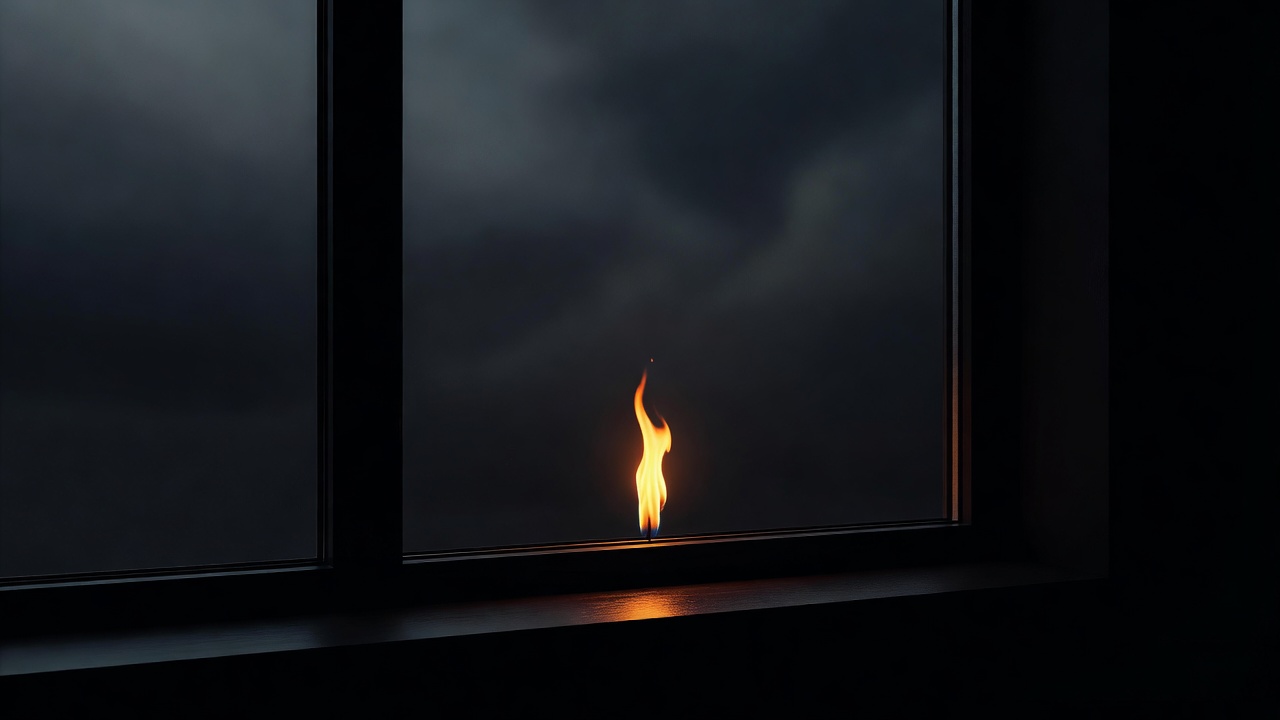 Eine einzelne Kerze, die ruhig in einem dunklen Fenster brennt