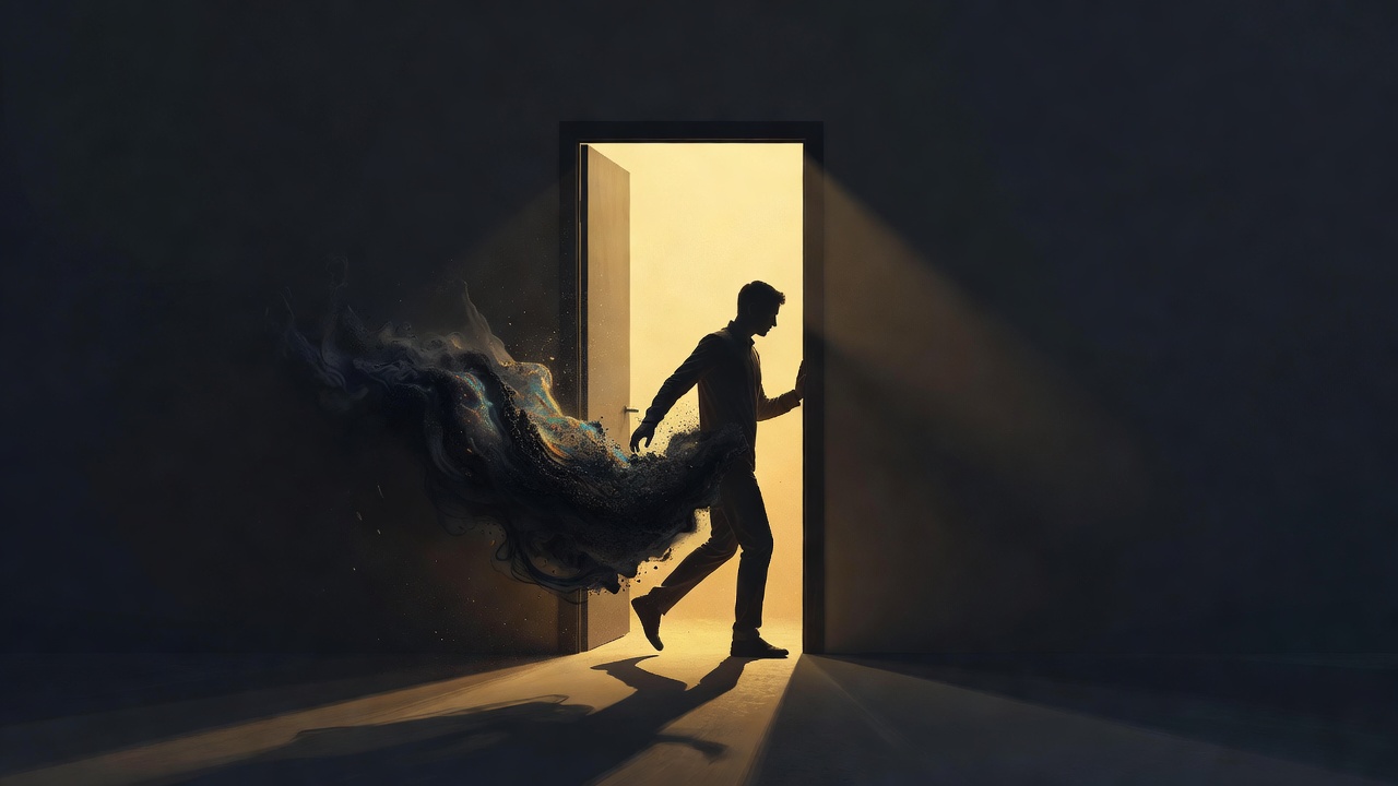 Eine Person, die aus einer dunklen Tür in warmes Licht tritt