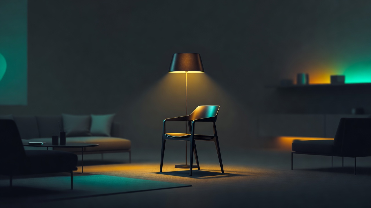 Eine warme Lampe, die einen einzelnen Stuhl klar beleuchtet, während der Rest des Raums in sanftem Schatten bleibt
