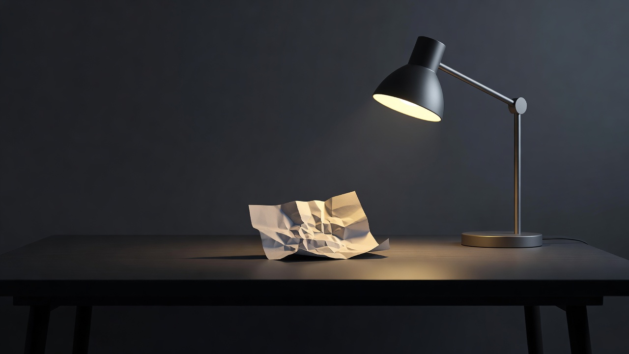 Ein einzelner zerknüllter Zettel, der unter einer Schreibtischlampe in warmem Licht glattgestrichen wird