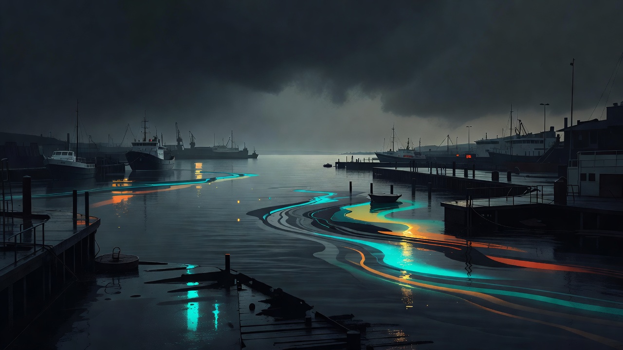 Ein ruhiger Hafen, dessen Wasser sich nach einem vorbeiziehenden Sturm wieder beruhigt