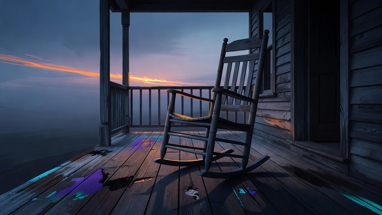 Eine alte Veranda im Morgengrauen mit einem Schaukelstuhl, hinter sich ein ganzes langes Leben voller Wetter